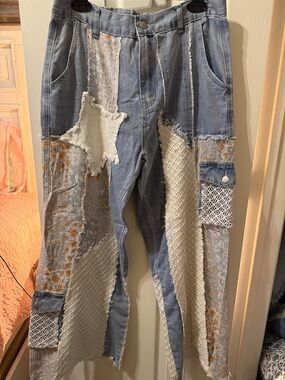 POL Light Blue Patchwork Straight Leg Jeans with Cream Accents